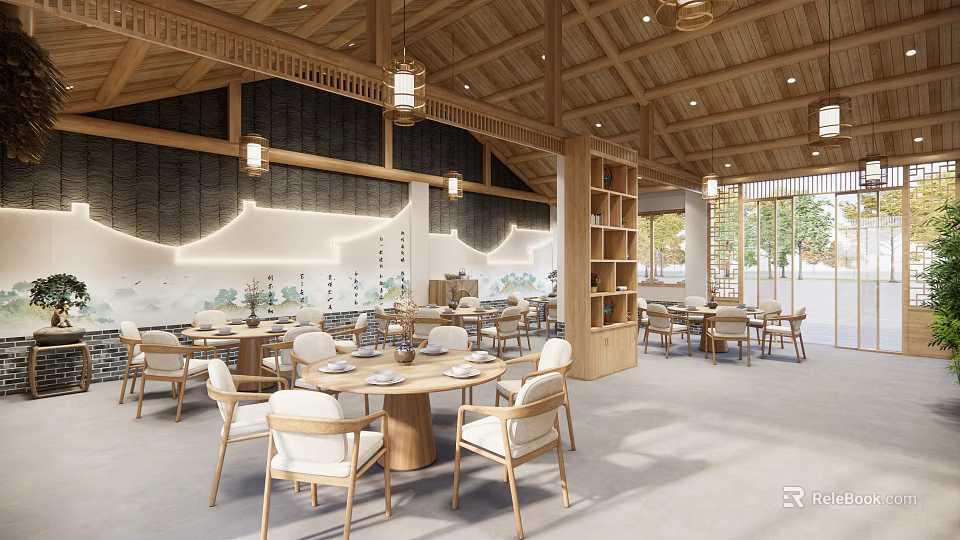 Minimalist Restaurant Interior With Wooden Ceiling Hanging Lights Round Tables And Light Chairs 3d model 