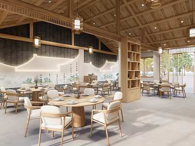 Minimalist Restaurant Interior With Wooden Ceiling Hanging Lights Round Tables And Light Chairs 3d model