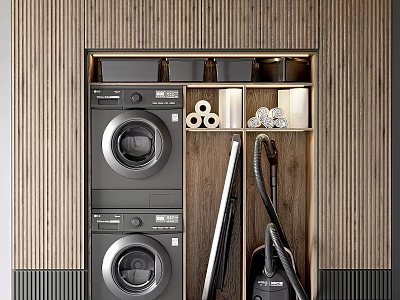 Modern Bathroom Accessories Storage Space With Wooden Cabinetry Toilet Paper Rolls And Laundry Appliances 3d model