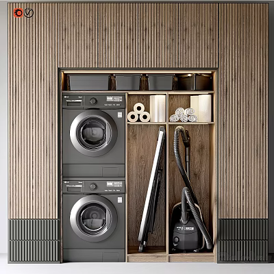 Modern Bathroom Accessories Storage Space With Wooden Cabinetry Toilet Paper Rolls And Laundry Appliances 3d model