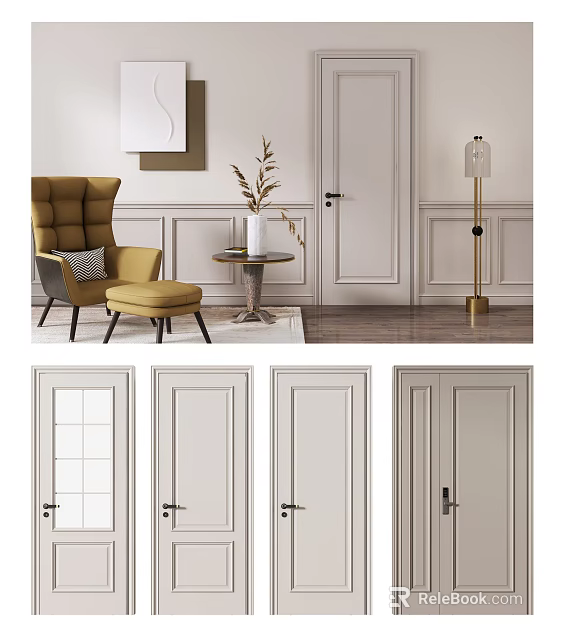 Modern Interior Design Showcasing Various White Hinged Doors For Home Decor 3d model
