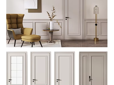 Modern Interior Design Showcasing Various White Hinged Doors For Home Decor 3d model