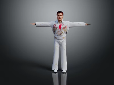 Man Standing With Arms Outstretched In White Sequined Jumpsuit And Red Scarf 3d model