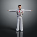 Man Standing With Arms Outstretched In White Sequined Jumpsuit And Red Scarf