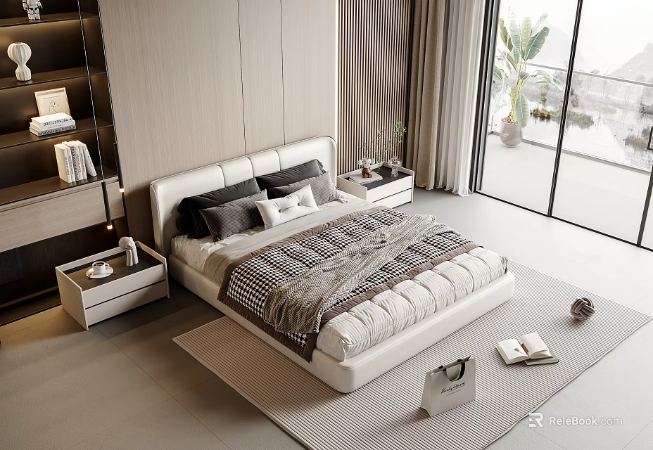 Modern Double Bed With White Frame Pillows Blanket And Nightstands In Bright Bedroom 3d model 