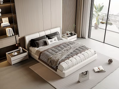 Modern Double Bed With White Frame Pillows Blanket And Nightstands In Bright Bedroom 3d model