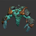 Game Character With Teal Green Body Muscular Build Orange Accented Armor And Intricate Shoulder Designs