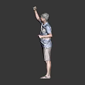 Man Raising Fist In Blue And White Striped Shirt Wearing Shorts And Sandals