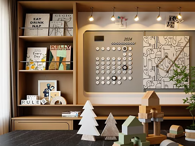 Creative Room With Bookshelf Posters Interactive Board Wooden Models Trees And Plant 3d model