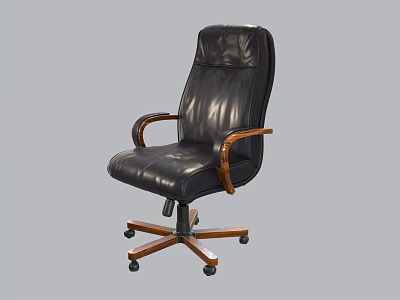 Black Leather Office Chair With High Back Wooden Arms And Casters 3d model