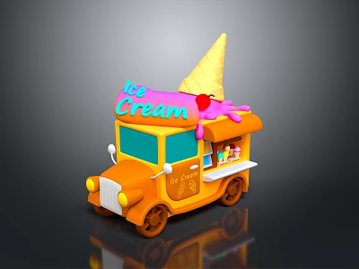 Orange Ice Cream Truck With Waffle Cone Top Pink Sauce Drizzle And Display Window 3d model