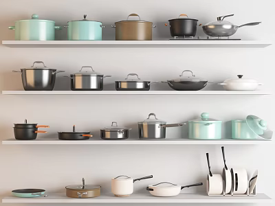 Organized Kitchen Cookware Display With Various Pots Pans And Utensils On Storage Shelves 3d model