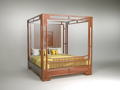Traditional Chinese Wooden Double Bed With Carved Frame And Yellow Mattress 3d model