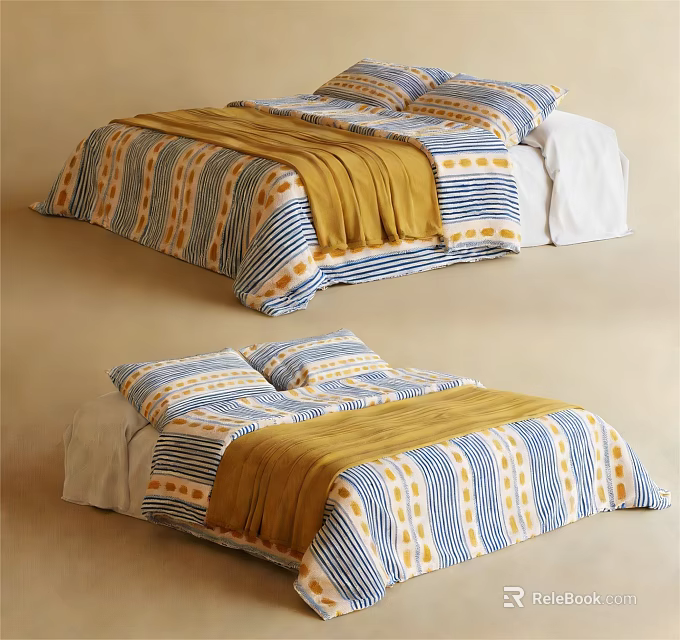 Double Bed Bedding Set With Blue Stripes Yellow Patterns And Cozy Blanket 3d model 