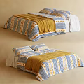 Double Bed Bedding Set With Blue Stripes Yellow Patterns And Cozy Blanket