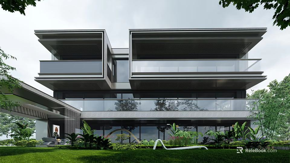 Modern Detached Villa Exterior Featuring Large Glass Windows Balconies And Lush Greenery 3d model 