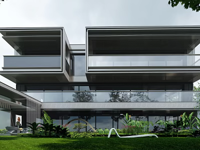 Modern Detached Villa Exterior Featuring Large Glass Windows Balconies And Lush Greenery 3d model