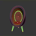 Red Patterned Oval Shaped Chair With Wooden Legs And Golden Accents