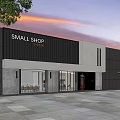 Small Shop Mall Store Modern Facade With Glass Windows Trees And Evening Sky