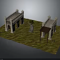 Two Classical Stone Buildings with Arched Doorways Decorative Spires Grass Lawn and Wooden Pavilion