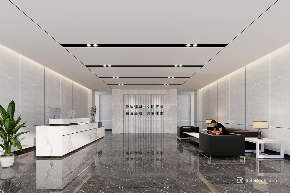 Modern Hotel Lobby Interior With Reception Desk Sofas Marble Flooring And Elegant Lighting 3d model