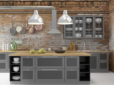 Gray Kitchen Cabinets Featuring Glass Doors Wooden Countertop Island and Brick Wall with Pendant Lights 3d model