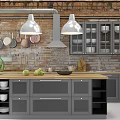 Gray Kitchen Cabinets Featuring Glass Doors Wooden Countertop Island and Brick Wall with Pendant Lights
