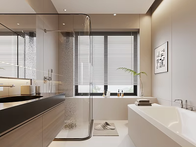 Modern Bathroom With Glass Shower Enclosure Bathtub Window Blinds Vanity Counter And Potted Plant 3d model