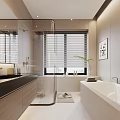 Modern Bathroom With Glass Shower Enclosure Bathtub Window Blinds Vanity Counter And Potted Plant