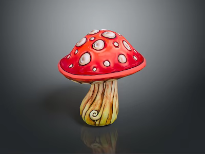Colorful Decorative Mushroom with Red Cap White Spots and Yellow Spiral Stem on Gray Background 3d model