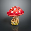 Colorful Decorative Mushroom with Red Cap White Spots and Yellow Spiral Stem on Gray Background