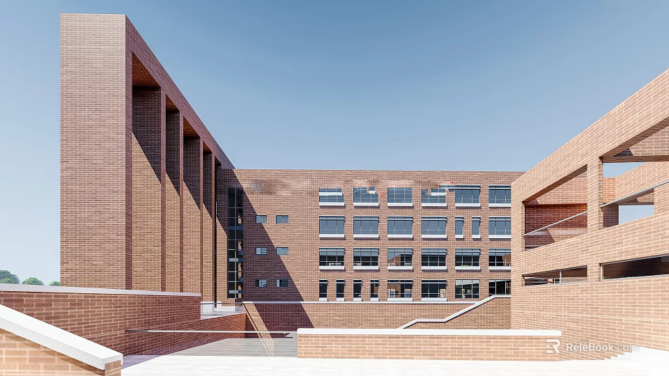 Modern Red Brick School Building with Large Windows and Open Courtyard Design 3d model 