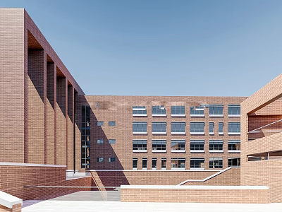 Modern Red Brick School Building with Large Windows and Open Courtyard Design 3d model