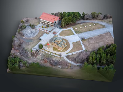 Architectural Building Model With Red Roof Domed Structure Trees Pathways And Lawn Area Design 3d model