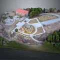 Architectural Building Model With Red Roof Domed Structure Trees Pathways And Lawn Area Design