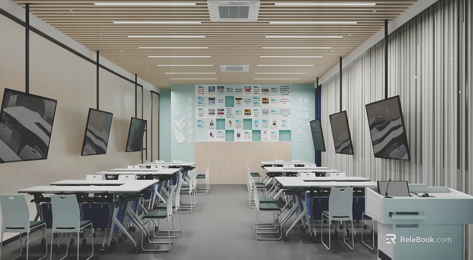 Modern School Classroom With Tables Chairs Display Boards TV Screens And Ceiling Lights 3d model 