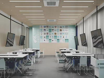 Modern School Classroom With Tables Chairs Display Boards TV Screens And Ceiling Lights 3d model