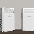 Two Modern White Air Cooler Fans Indoor Against Wall On Wooden Floor