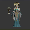 Detailed Mythical Woman In Blue Robe With Golden Halo And Orb Staff
