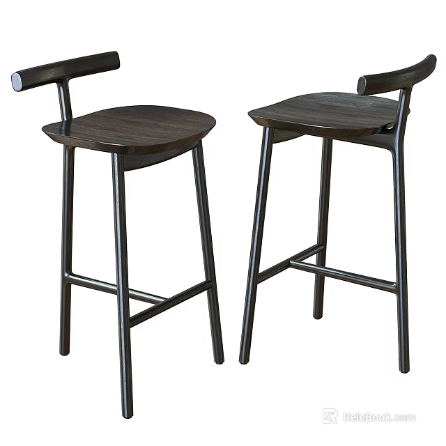 Modern Wooden Bar Stools Featuring Black Metal Legs And Curved Backrest Design 3d model 