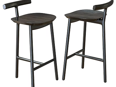 Modern Wooden Bar Stools Featuring Black Metal Legs And Curved Backrest Design 3d model