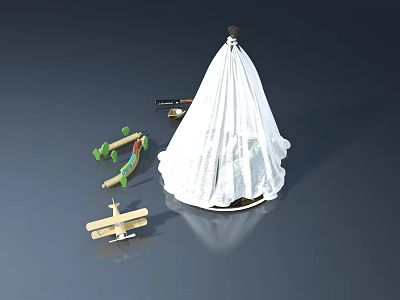 White Swing Door With Wooden Plane Toy Gun And Green Blocks 3d model