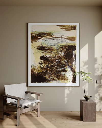 Abstract Painting In Earth Tones Hanging On Neutral Wall With Natural Light And Minimalist Decor 3d model