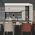 Modern Restaurant Interior With Dining Table Colored Chairs Pendant Lights And Glass Cabinets