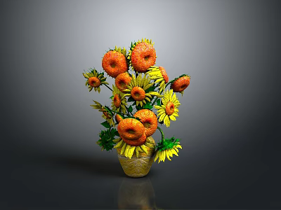 Colorful Sunflower Bouquet Arrangement With Orange Petals Yellow Centers And Decorative Vase 3d model