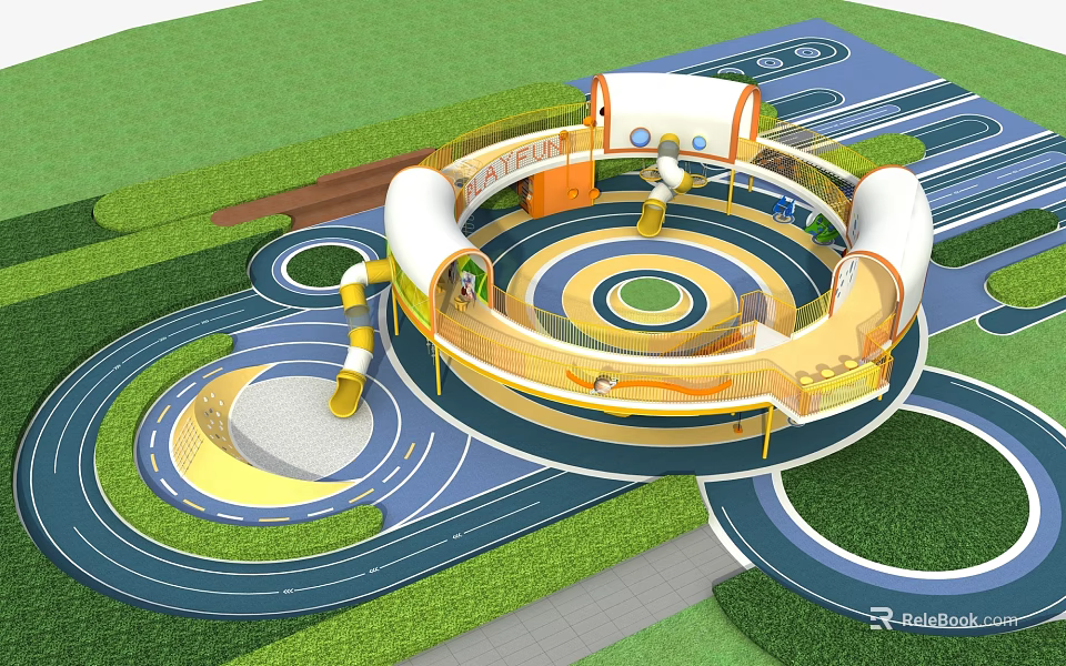 Outdoor Playground Equipment With Circular Design Colorful Tracks Slides And Green Lawn 3d model 