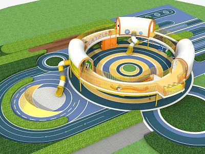 Outdoor Playground Equipment With Circular Design Colorful Tracks Slides And Green Lawn 3d model