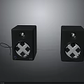 Modern Black Speakers With White Cross Pattern And Connected Wires On Dark Background 3d model