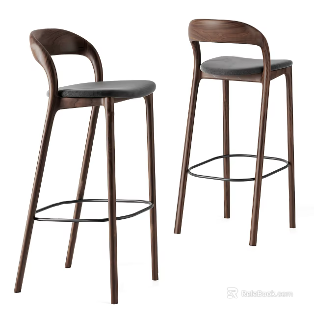 Modern Wooden Frame Bar Stools With Grey Upholstered Seats And Footrest 3d model 