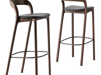 Modern Wooden Frame Bar Stools With Grey Upholstered Seats And Footrest 3d model